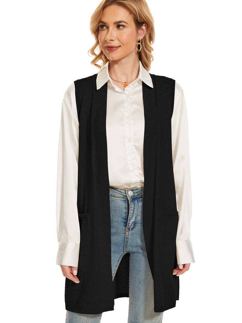 Moss Rose Long Vest for Women Sleeveless Lightweight Open Front Cardigans Ribbed Knit Outwear with Pockets Black M - Image 4
