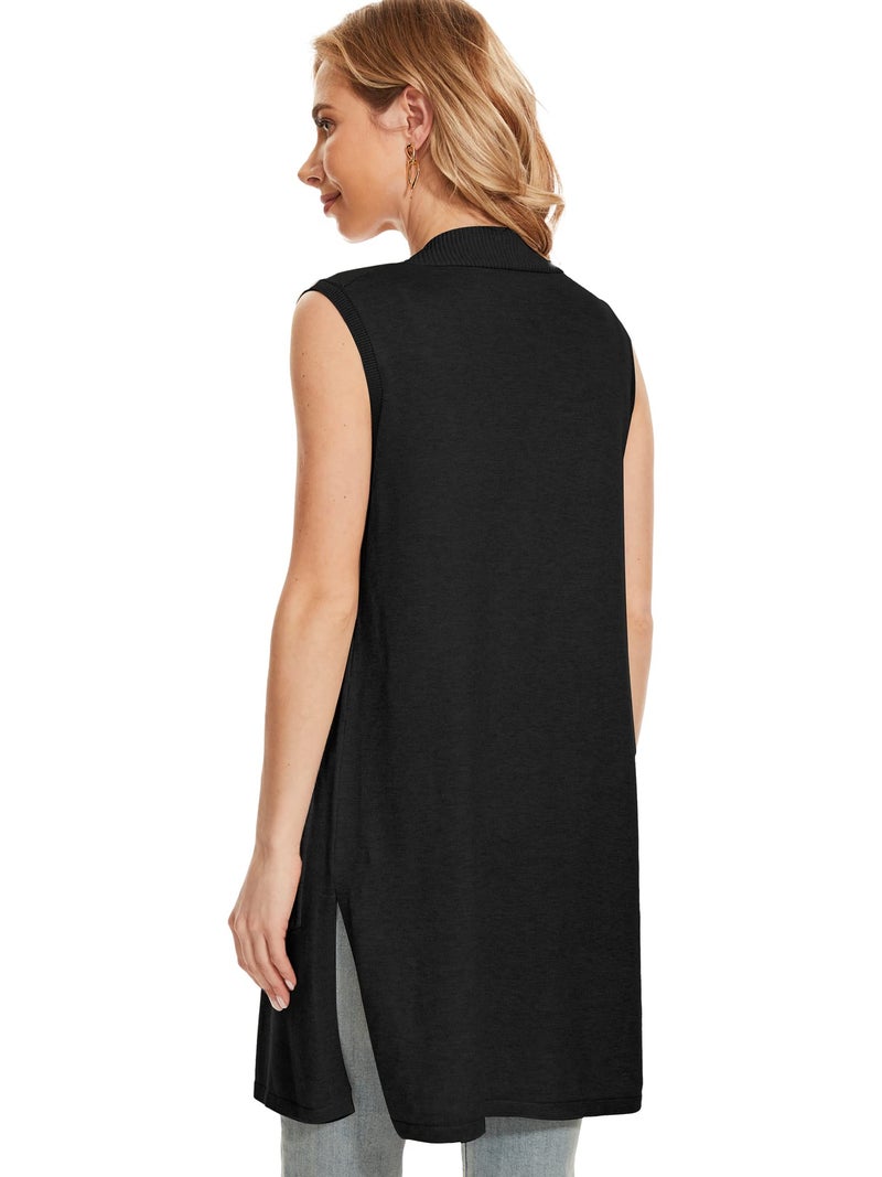 Moss Rose Long Vest for Women Sleeveless Lightweight Open Front Cardigans Ribbed Knit Outwear with Pockets Black M - Image 2