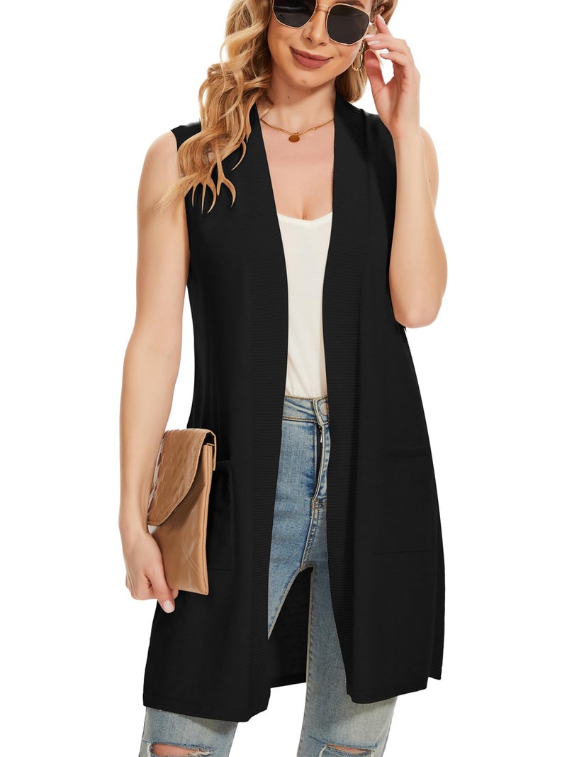Moss Rose Long Vest for Women Sleeveless Lightweight Open Front Cardigans Ribbed Knit Outwear with Pockets Black M - Image 3
