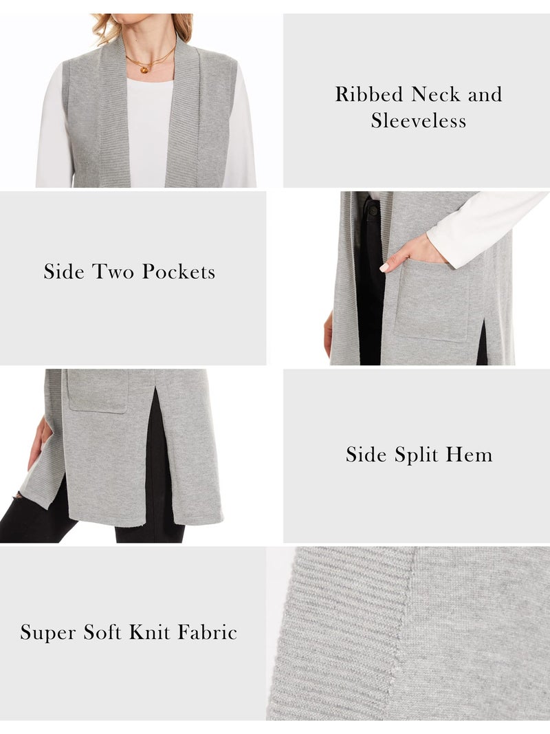 Moss Rose Long Vest for Women Sleeveless Lightweight Open Front Cardigans Ribbed Knit Outwear with Pockets Black M - Image 5