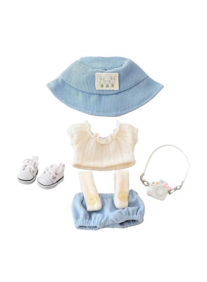 5-Piece Doll Clothes Accessories Set for 15 & 17cm Dolls, Bib Pants, Hat, Sweater, Shoes & Camera, Stylish Overalls Replacement Doll Clothing, Blue (No Doll Included) - Image 1