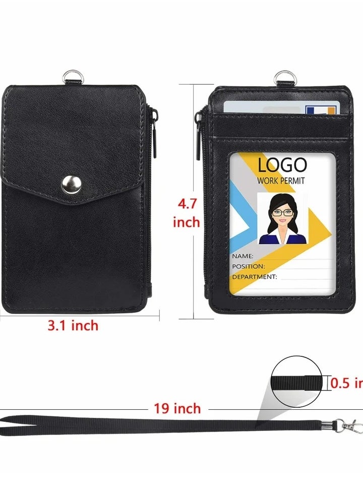 Generic Badge Holder with Zipper PU Leather ID Card Wallet 1 Clear Window and 3 Slots Secure Cover Nylon Lanyard for Office School ID, Credit Cards, Driver Licence  - Image 4