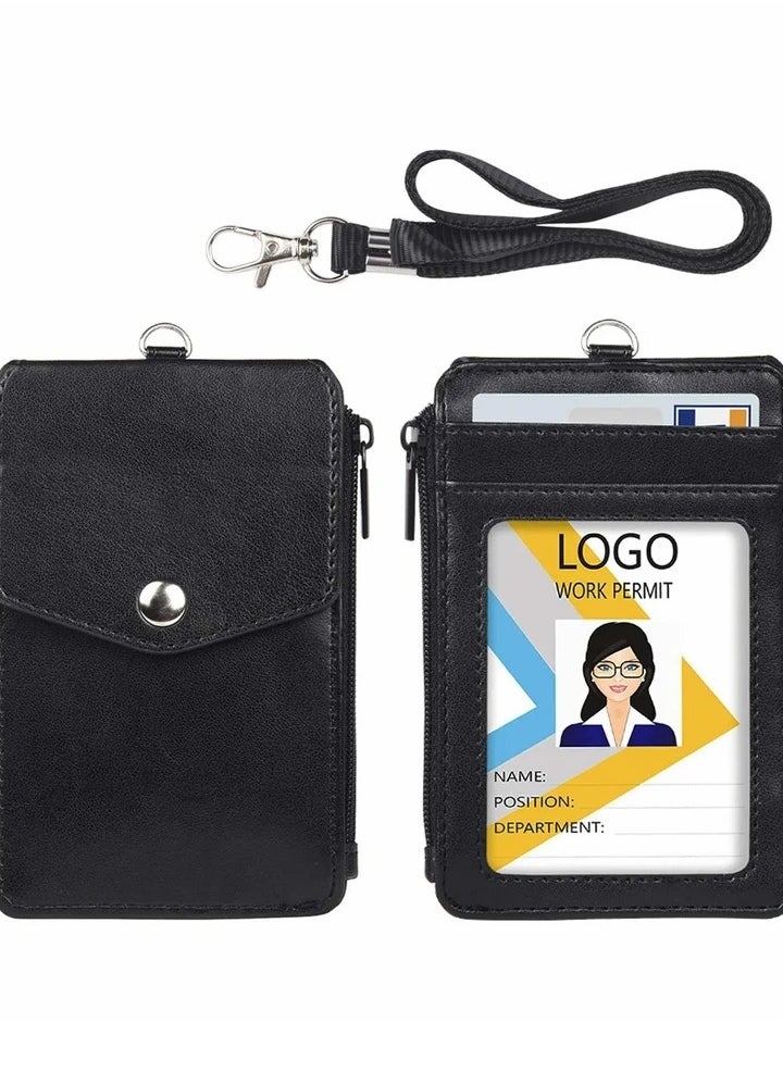 Generic Badge Holder with Zipper PU Leather ID Card Wallet 1 Clear Window and 3 Slots Secure Cover Nylon Lanyard for Office School ID, Credit Cards, Driver Licence  - Image 1