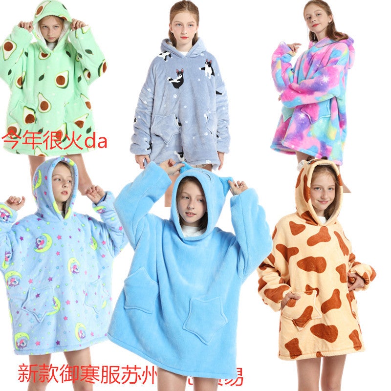 Printed Lazy Clothes Pullover Fleece Hooded Robe Tv Blanket Outdoor Cotton Clothing Cold-Proof Clothing Cartoon Warm Clothing - Image 2