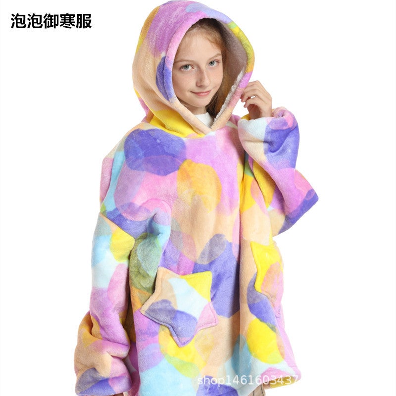 Printed Lazy Clothes Pullover Fleece Hooded Robe Tv Blanket Outdoor Cotton Clothing Cold-Proof Clothing Cartoon Warm Clothing - Image 3
