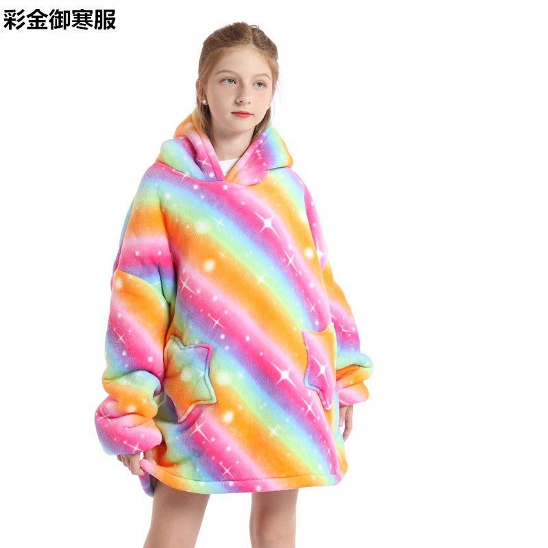 Printed Lazy Clothes Pullover Fleece Hooded Robe Tv Blanket Outdoor Cotton Clothing Cold-Proof Clothing Cartoon Warm Clothing - Image 1