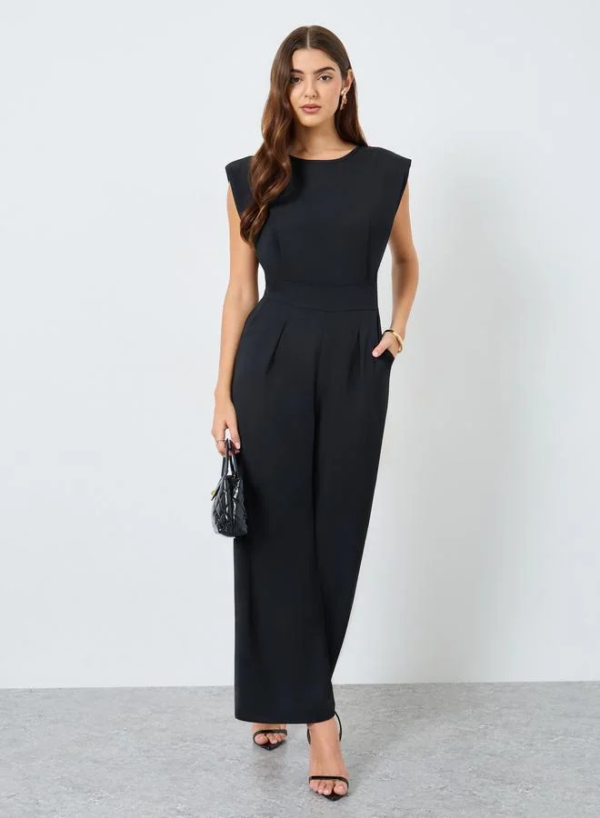 Take Two Solid Fitted Waist Wide Leg Jumpsuit