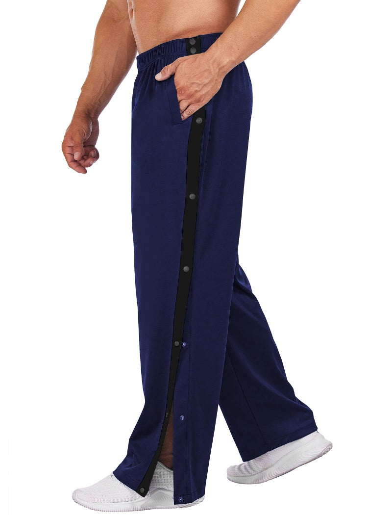 Deyeek Men's Tear Away Basketball Pants High Split Snap Button Casual Post-Surgery Sweatpants with Pockets Blue - Image 1