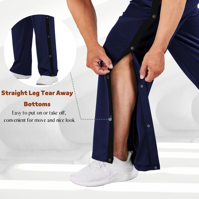 Deyeek Men's Tear Away Basketball Pants High Split Snap Button Casual Post-Surgery Sweatpants with Pockets Blue - Image 3
