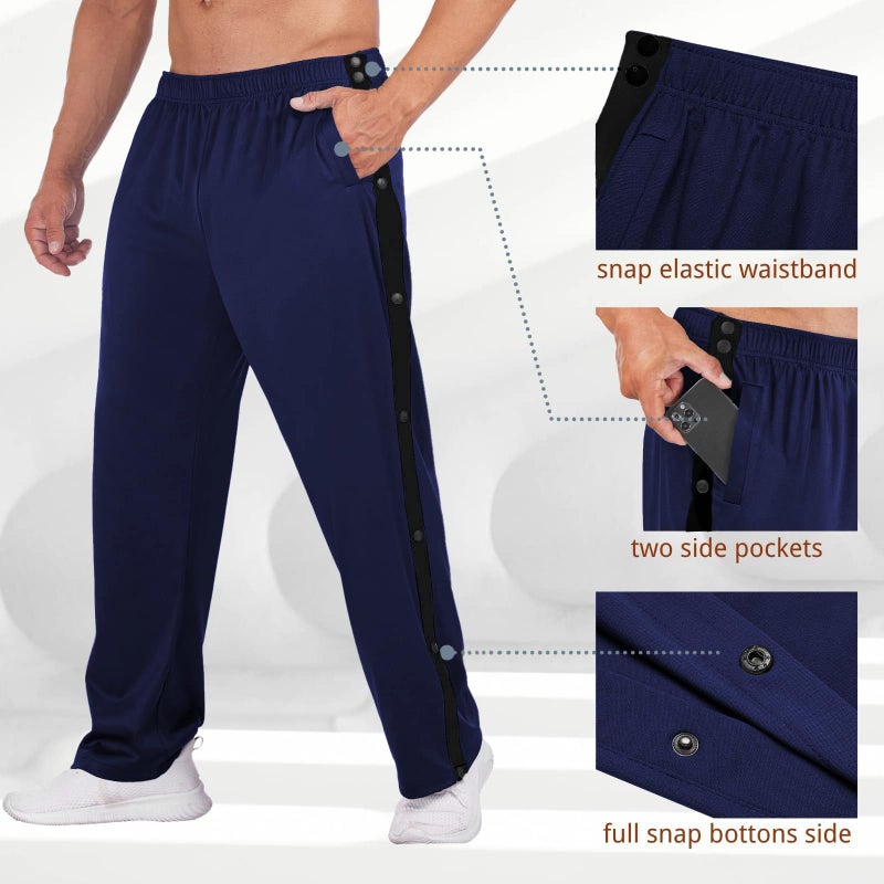 Deyeek Men's Tear Away Basketball Pants High Split Snap Button Casual Post-Surgery Sweatpants with Pockets Blue - Image 4
