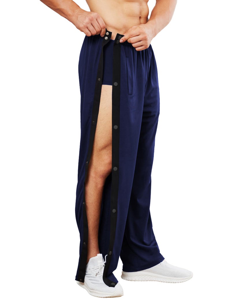 Deyeek Men's Tear Away Basketball Pants High Split Snap Button Casual Post-Surgery Sweatpants with Pockets Blue - Image 5