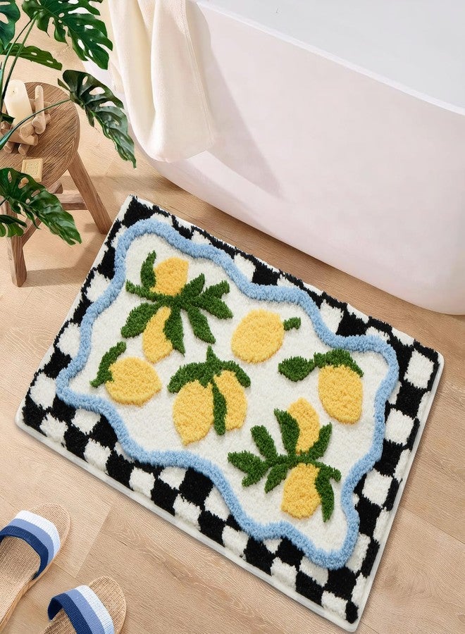 ORTIGIA Checkered Lemon Bath Rug for Bathroom, Cute Bathroom Mat Non Slip Soft Microfiber Absorbent Washable Rug for Laundry Home Decor, 20x32 inch - Image 1
