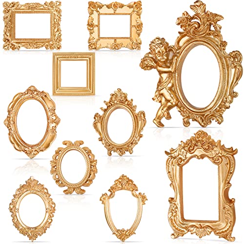 Yulejo 10 Pcs Vintage Gold Mini Frames Set Baroque Victorian Ornate Decorative Frames for Gallery Wall Decor DIY Jewelry Display Antique Frame for Home Wedding Room No Glass or Backing Gold - Image 1