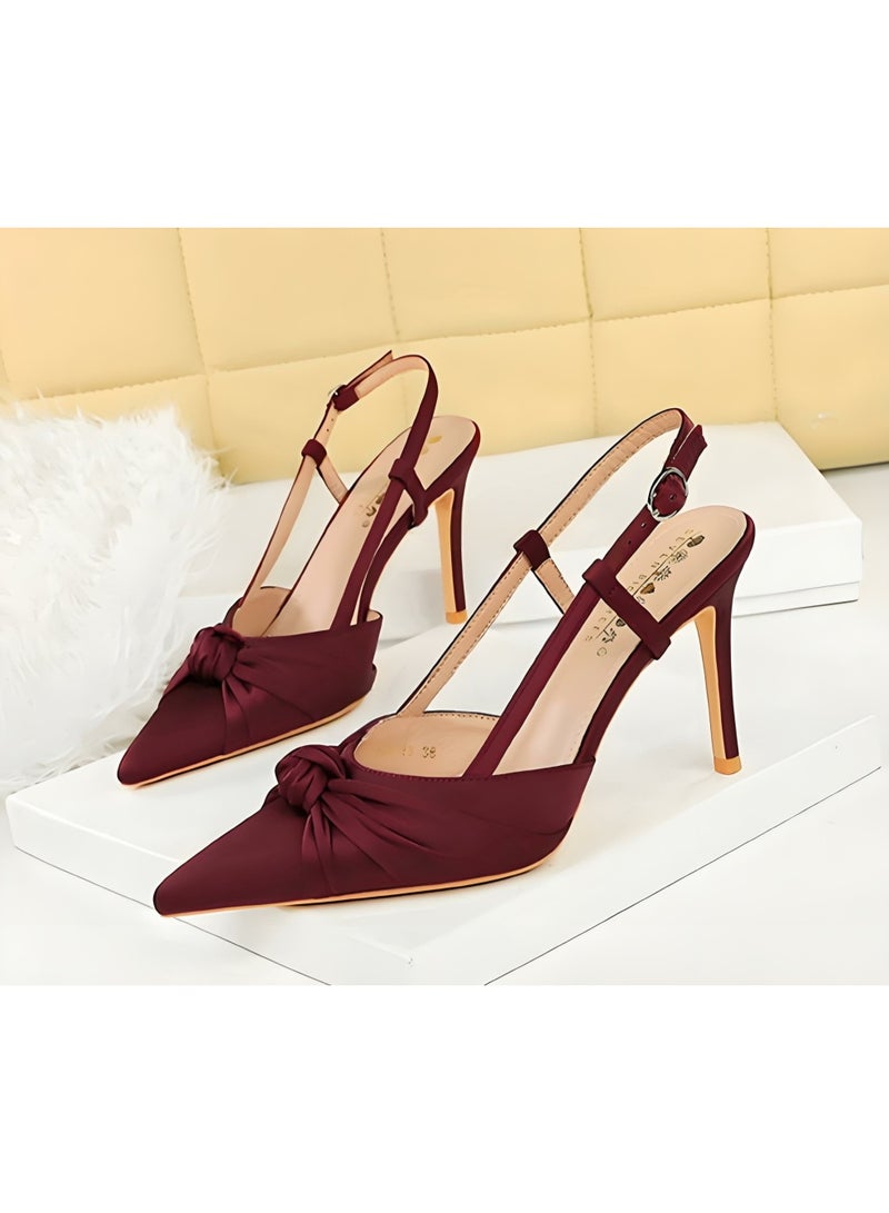 بيج تري المرأة الساتان مغلقة موجهة إصبع القدم مضخات سلينغباك كعب عالية الصنادل النبيذ الأحمر 9CM - Image 1