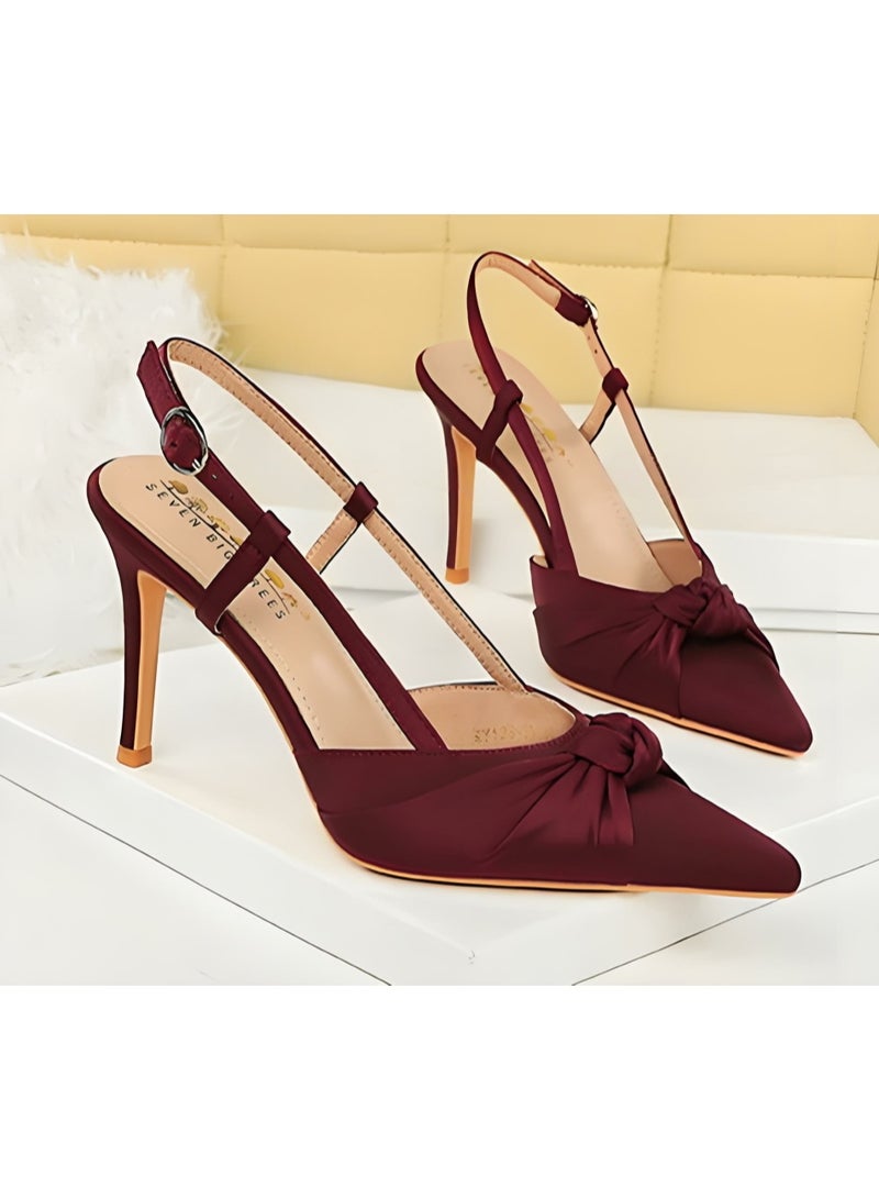 بيج تري المرأة الساتان مغلقة موجهة إصبع القدم مضخات سلينغباك كعب عالية الصنادل النبيذ الأحمر 9CM - Image 2