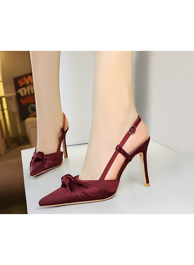 بيج تري المرأة الساتان مغلقة موجهة إصبع القدم مضخات سلينغباك كعب عالية الصنادل النبيذ الأحمر 9CM - Image 4