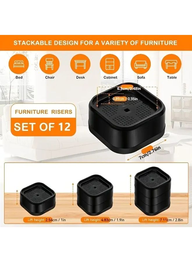 12 Pack Heavy Duty Adjustable Furniture Risers Black For Bed Sofa Chair Desk - Image 3