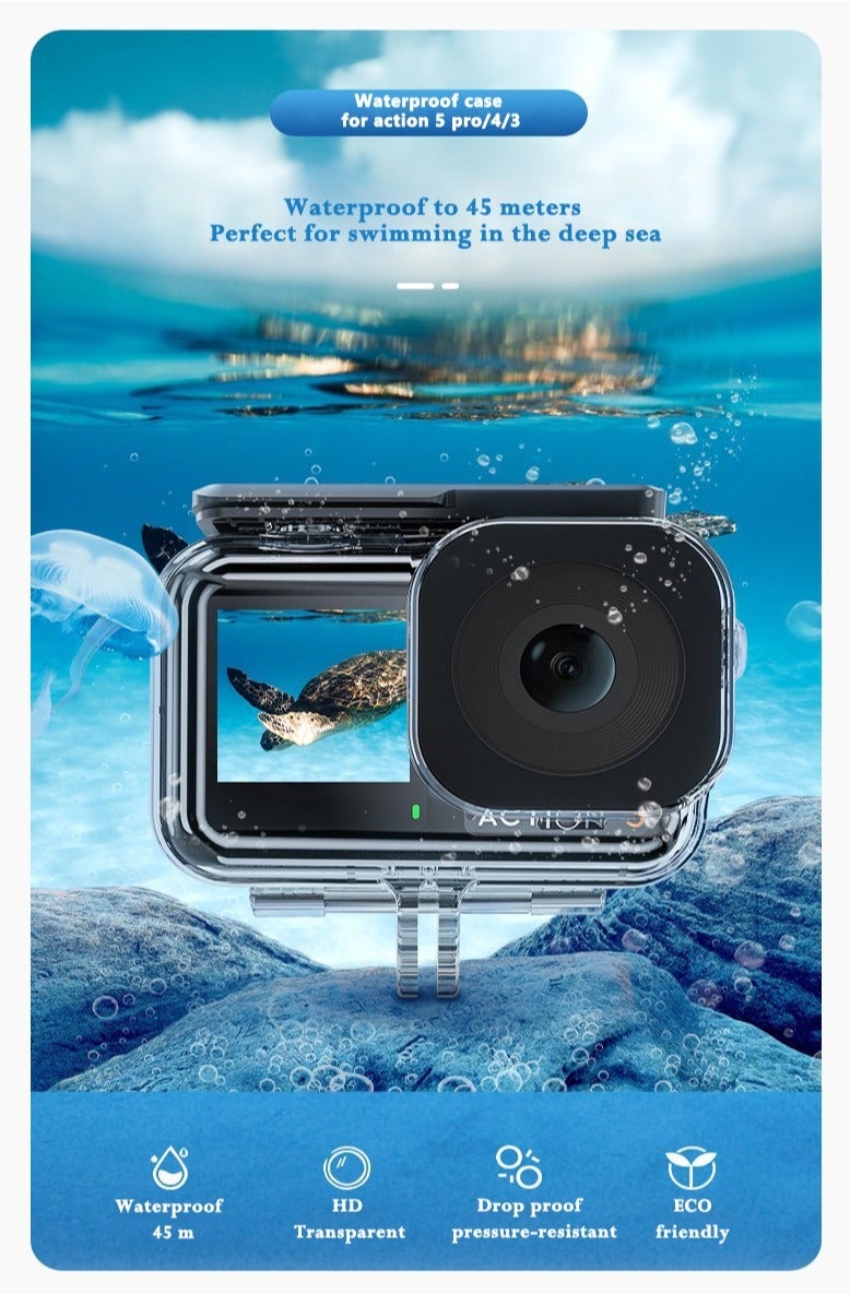 تيليسن جراب مقاوم للماء لكاميرا DJI Action 5 Pro Action 4/3، مع قفص حماية مقاوم للضباب تحت الماء يدعم الغوص حتى عمق 45 مترًا/148 قدمًا، مناسب للغوص السطحي والسباحة، مزود ببرغي سريع الفك - Image 1
