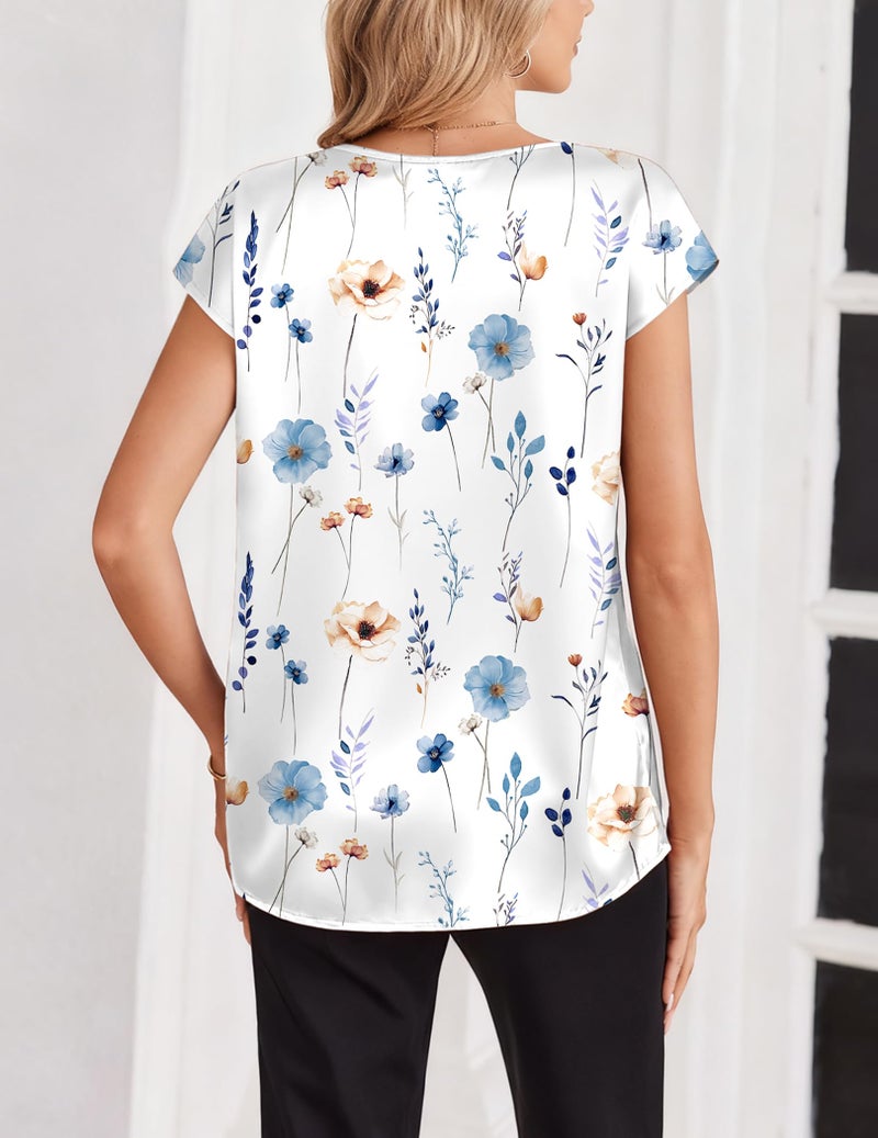 Zeagoo Satin Blouses for Women Short Sleeve Shirts Boho Tops Floral Vacation Outfits V Neck Daye Night Outfits - Image 4