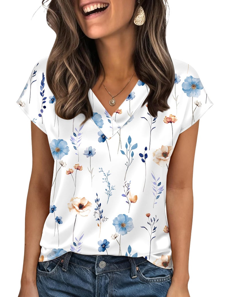 Zeagoo Satin Blouses for Women Short Sleeve Shirts Boho Tops Floral Vacation Outfits V Neck Daye Night Outfits - Image 1