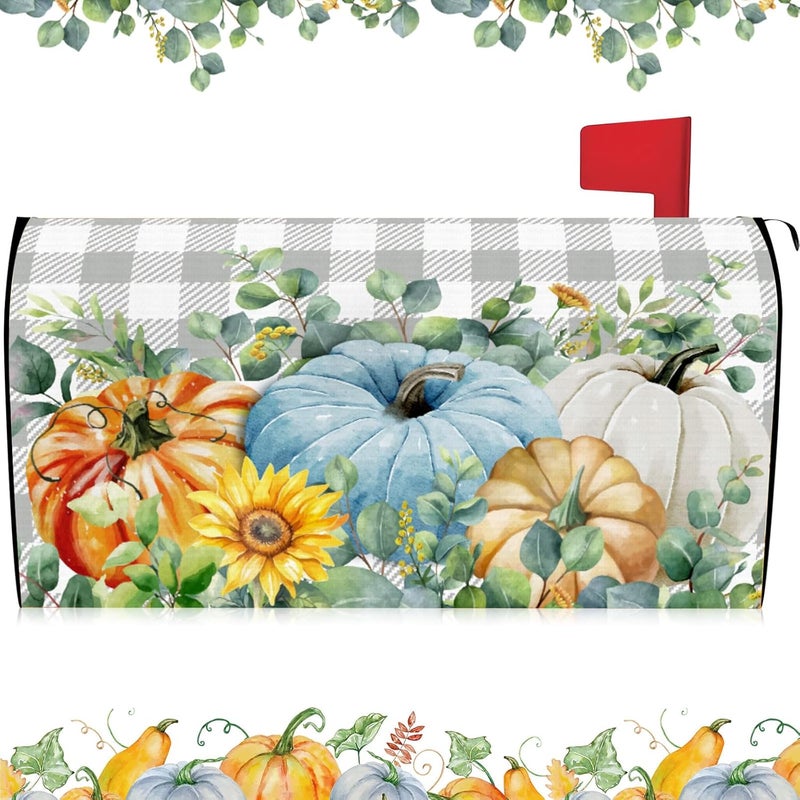 Blosssound Fall Mailbox Cover Magnetic Thanksgiving Post Box Decor Standard Size 20 x 18 Inch Decorative Mailbox Cover for Thanksgiving Autumn Harvest Garden Yard Decoration(Blue Pumpkin) - Image 1
