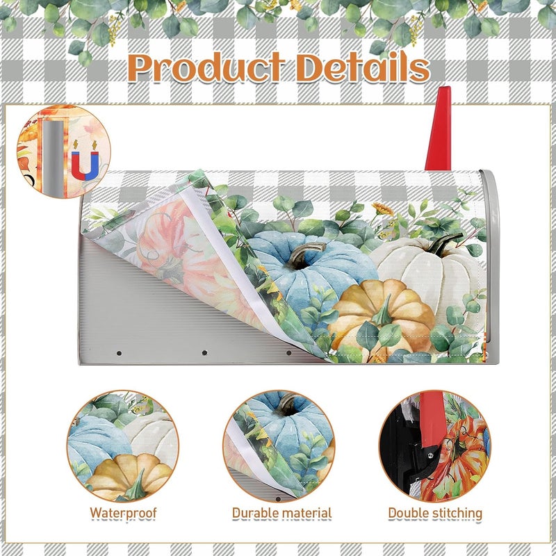 Blosssound Fall Mailbox Cover Magnetic Thanksgiving Post Box Decor Standard Size 20 x 18 Inch Decorative Mailbox Cover for Thanksgiving Autumn Harvest Garden Yard Decoration(Blue Pumpkin) - Image 2