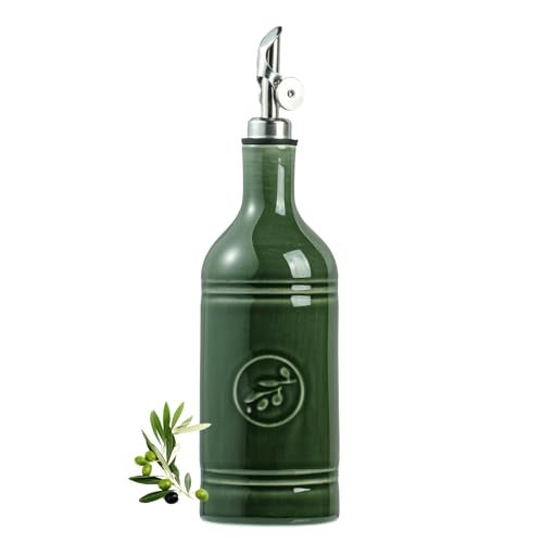 MIKIGEY Olive Oil Dispenser Bottle with Spout, 18 oz Ceramic Oil Dispensers for Kitchen, Opaque Cruet, EVOO & Vinegar Bottle with Automatic Stainless Steel Pourer, Pack of 1, Jade Green - Image 1