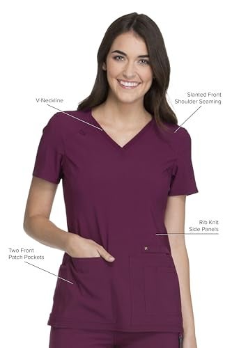 CHEROKEE Women's Iflex V-Neck Knit Panel Top, Wine, Small - Image 2