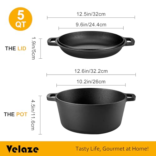 Velaze Cast Iron Dutch Oven Pot with Skillet Lid, 2-in-1 Pre-Seasoned Dual Handle Cast Iron Pan for Bread Baking, Frying, and Camping - Black 5QT - Image 2