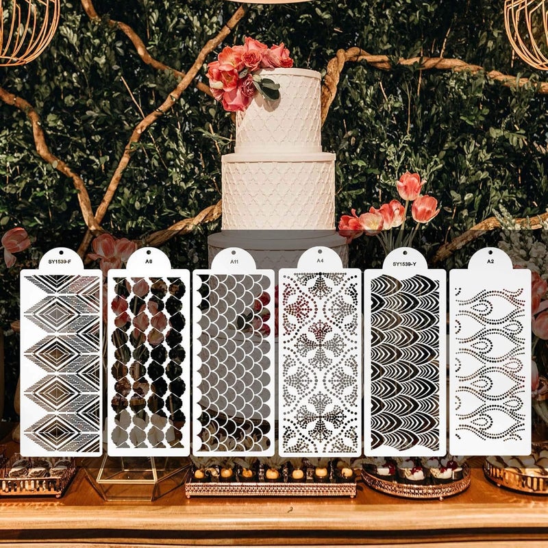 FVVMEED 6 Pieces Wedding Cake Stencil Cake Side Decorating Templates Powdered Sugar Sieve Template Cupcake Decor Flower Edge Molding, Lace Decoration Stencils Food Grade Plastic Mold Baking Tool - Image 4