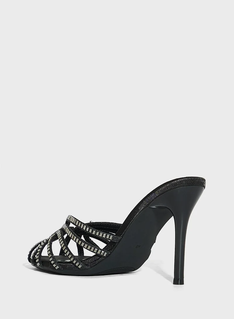 Ella Limited Edition Black Embellished Mule Heel Sandal for Women | Best Price UAE