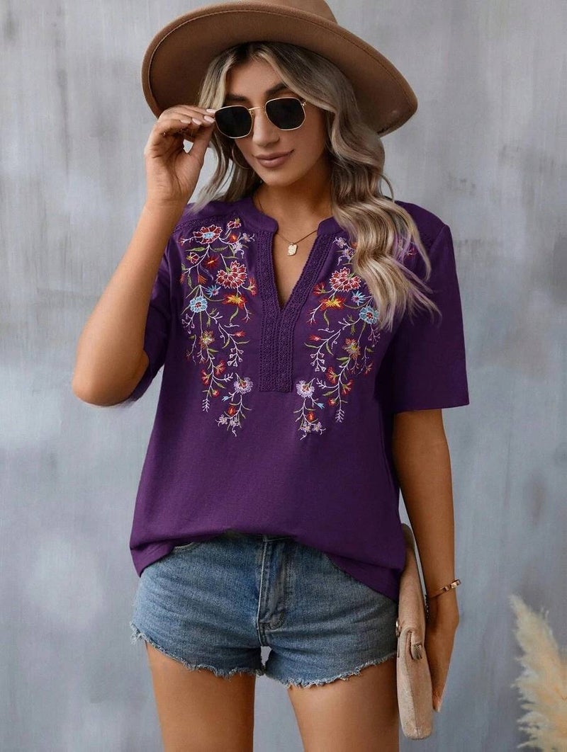 Summer New Fashion Multi-Thread Embroidery Patchwork Lace Trim Top Women's T-Shirt