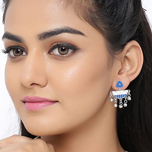 VOYLLA Silver Brass Indigo Affair Tribal Motif Earrings for Women - Image 4