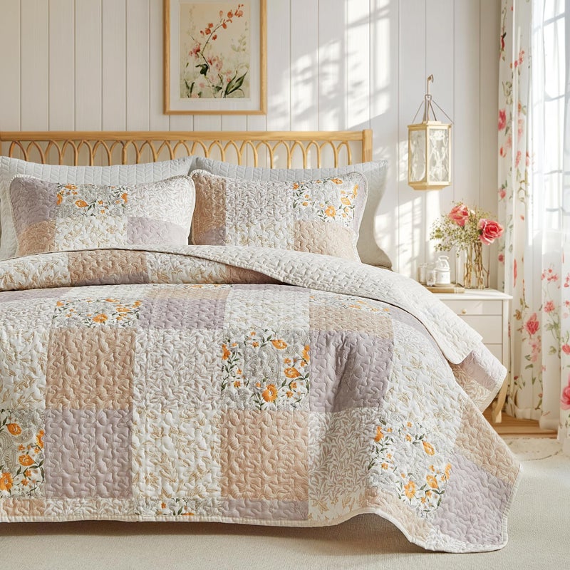 Joyreap Floral Cotton Quilt Set Gray n Brown Botanical Patchwork Design for Autumn 3 Pieces Queen Size Quilt Bedding Set Soft n Cozy Bedspread Bed Cover for All Season 90x90 inches - Image 2