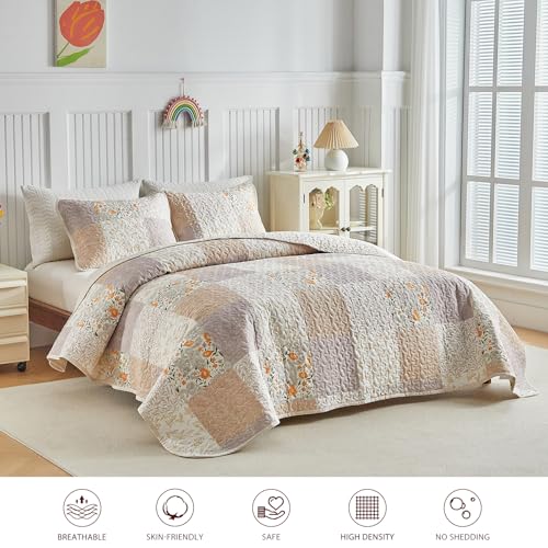 Joyreap Floral Cotton Quilt Set Gray n Brown Botanical Patchwork Design for Autumn 3 Pieces Queen Size Quilt Bedding Set Soft n Cozy Bedspread Bed Cover for All Season 90x90 inches - Image 3