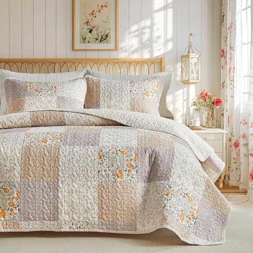 Joyreap Floral Cotton Quilt Set Gray n Brown Botanical Patchwork Design for Autumn 3 Pieces Queen Size Quilt Bedding Set Soft n Cozy Bedspread Bed Cover for All Season 90x90 inches - Image 1