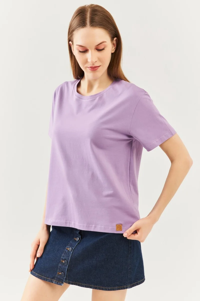 بوتيكجيز Lilac Oversize Comfortable Cotton Combed Crew Neck Short Sleeve Basic T-Shirt