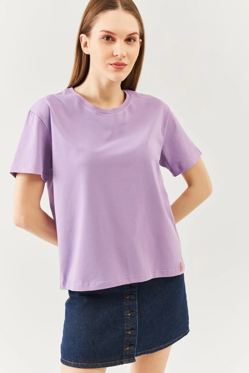 بوتيكجيز Lilac Oversize Comfortable Cotton Combed Crew Neck Short Sleeve Basic T-Shirt