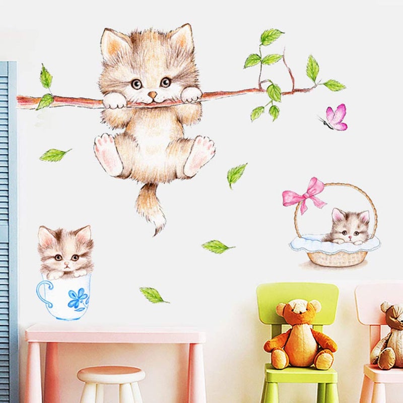 Kiddale Cute Cat Wall DecalsRemovable Cat Tree Branches Butterfly Wall Stickers for Kids Rooms Nursery Playroom Home Decoration