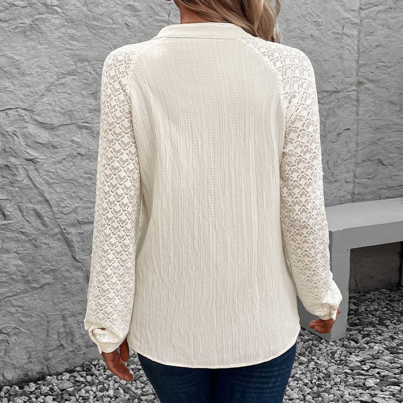 Fashion Lace Stitching Shirt Perspective Long Sleeve Collar Cardigan Shirt - Image 5