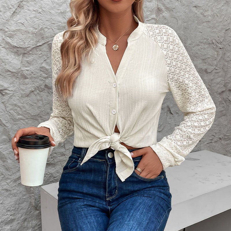 Fashion Lace Stitching Shirt Perspective Long Sleeve Collar Cardigan Shirt - Image 3
