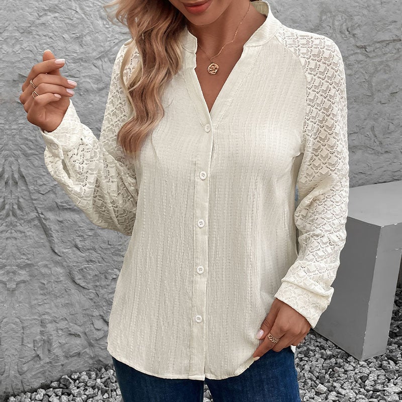 Fashion Lace Stitching Shirt Perspective Long Sleeve Collar Cardigan Shirt - Image 1