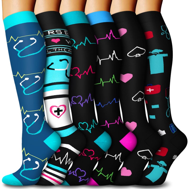 FuelMeFoot 6 Pairs Compression Socks for Women & Men 15-20mmHg Graduated Support Knee High Socks for Nurses, Travel, Athletic - Image 1