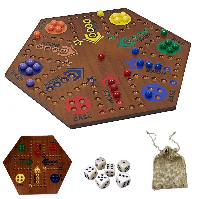 YWMSGM Wooden Board Games- -Marble Board Game -Surfacepainting-Double Sided Painted 15inch Fast Track for 6 and 4 Players with 6 Colors 30 Marbles 6 Dice for Kids Friends Family Game Party (Walnut) - Image 1