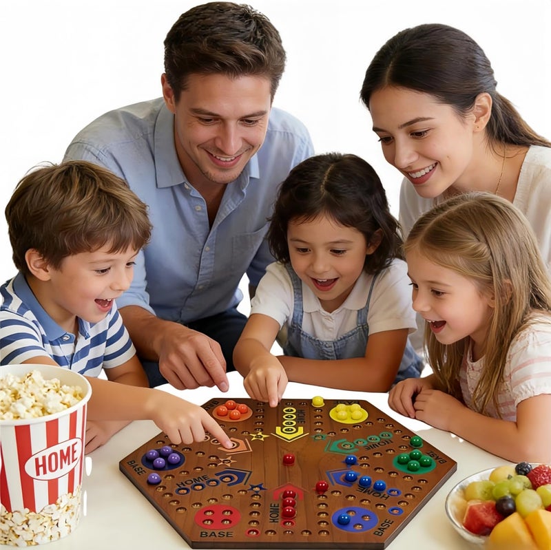 YWMSGM Wooden Board Games- -Marble Board Game -Surfacepainting-Double Sided Painted 15inch Fast Track for 6 and 4 Players with 6 Colors 30 Marbles 6 Dice for Kids Friends Family Game Party (Walnut) - Image 2