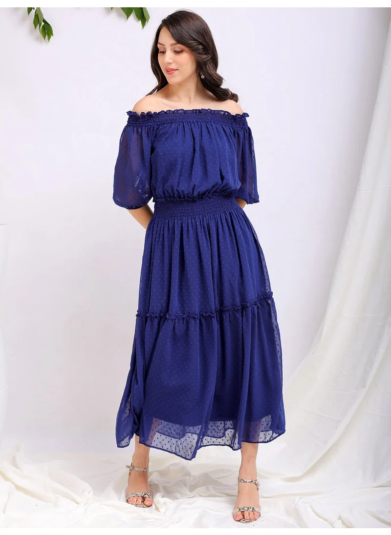 Freehand Women Casual Fit And Flare Textured Tiered Off Shoulder Long Length Tiered Dress