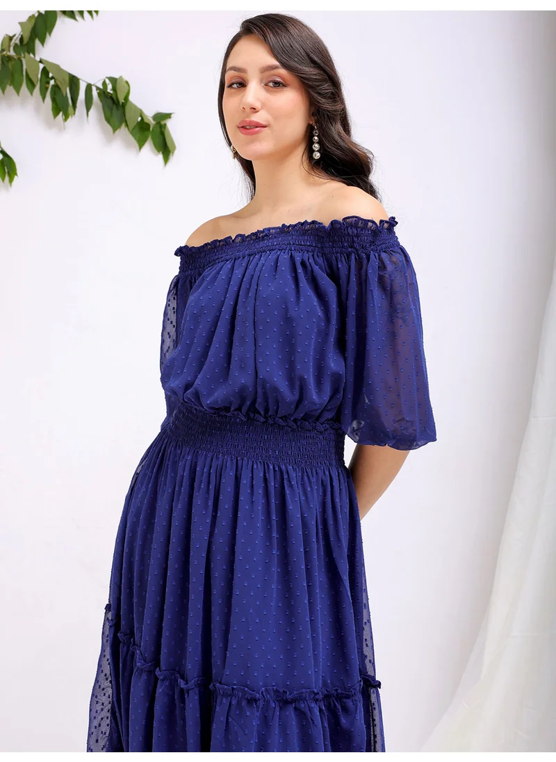 مرفوعة Women Casual Fit And Flare Textured Tiered Off Shoulder Long Length Tiered Dress