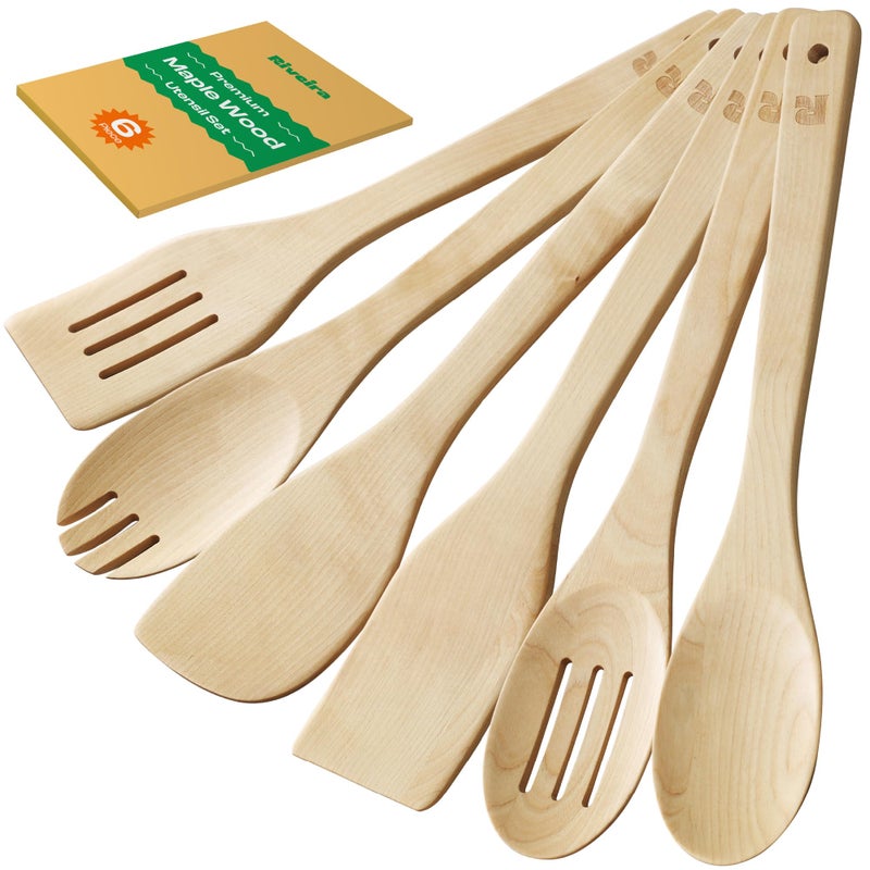 Riveira Maple Wooden Cooking Utensils Set of 6 Premium NonToxic Wooden Spoons  Spatula for Cooking