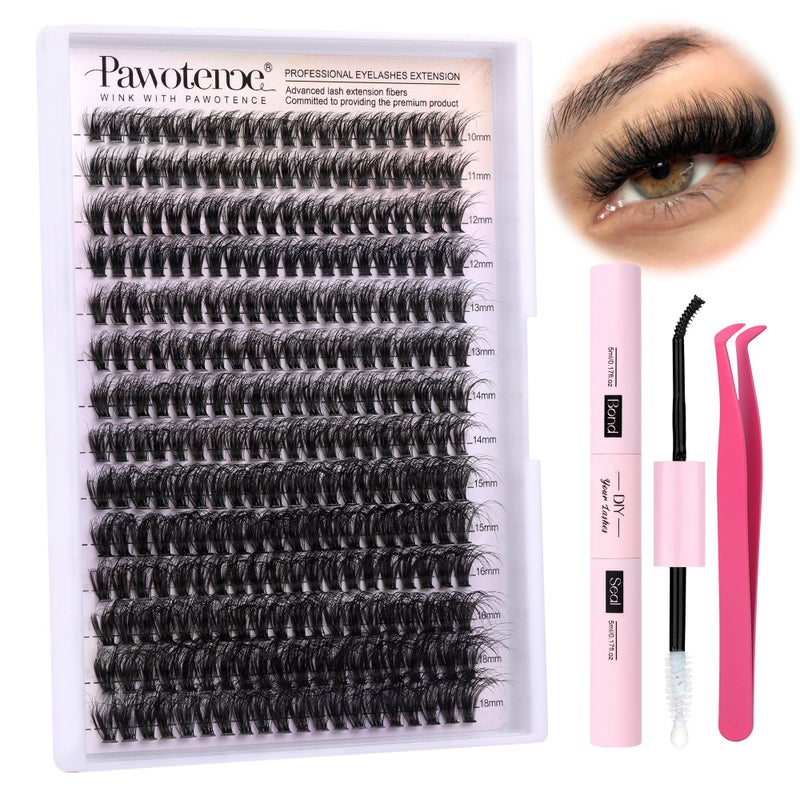 Pawotence Lash Extension Kit DIY Individual Lash Clusters Kit Full 50D with Lash Bond and Seal and Lash Applicator 916mm Clusters Eyelash Extension Kit at Home Full 50D 916mm Kit