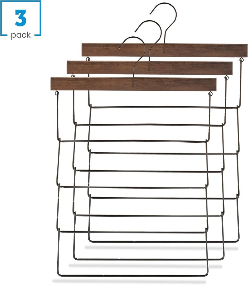 ZOBER High-Grade 4 Tier Wooden Pants Hangers with Non Slip Rubber Coating (3 Pack) Slim & Space Saving Multi Layer Hanger [Hang 4 ON 1] 360° Hook, Anti-Rust Durable Metal Hangers for Pants Trouser Slacks - Image 3